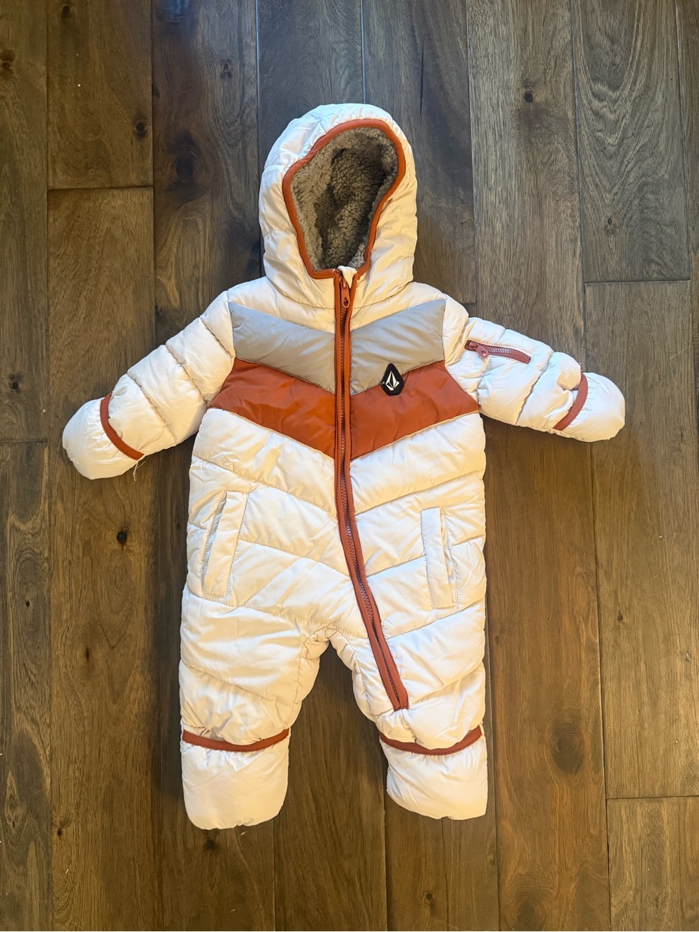 Volcom 9-12 month Puffer Snowsuit with Hood - White and Rust Accent